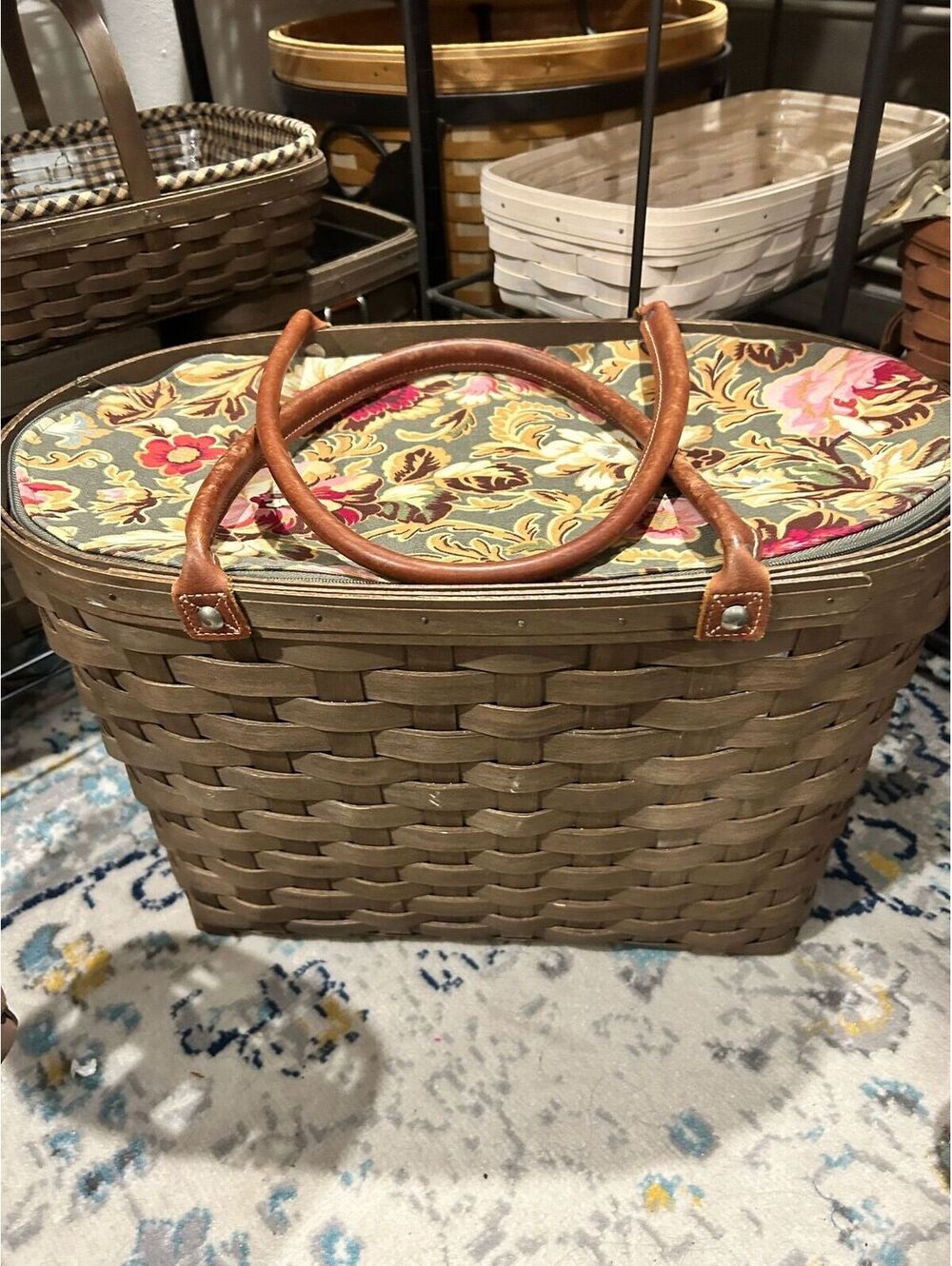 Longaberger, deep brown, large boardwalk basket with zipper liner and protector